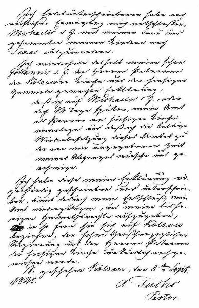 Pastor Adolf Fuchs'  letter of resignation, September 8, 1845